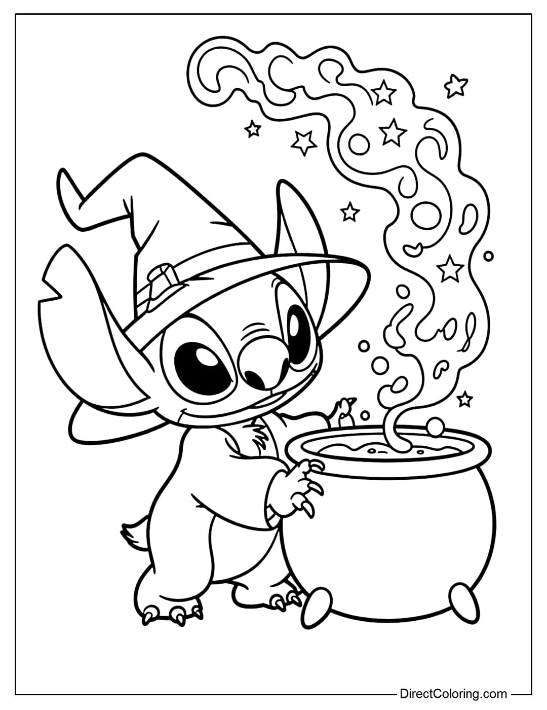 Disney Stitch coloring page is wearing a tall pointed witch hat, standing next to a bubbling potion, the smoke rising in a soft spiral.