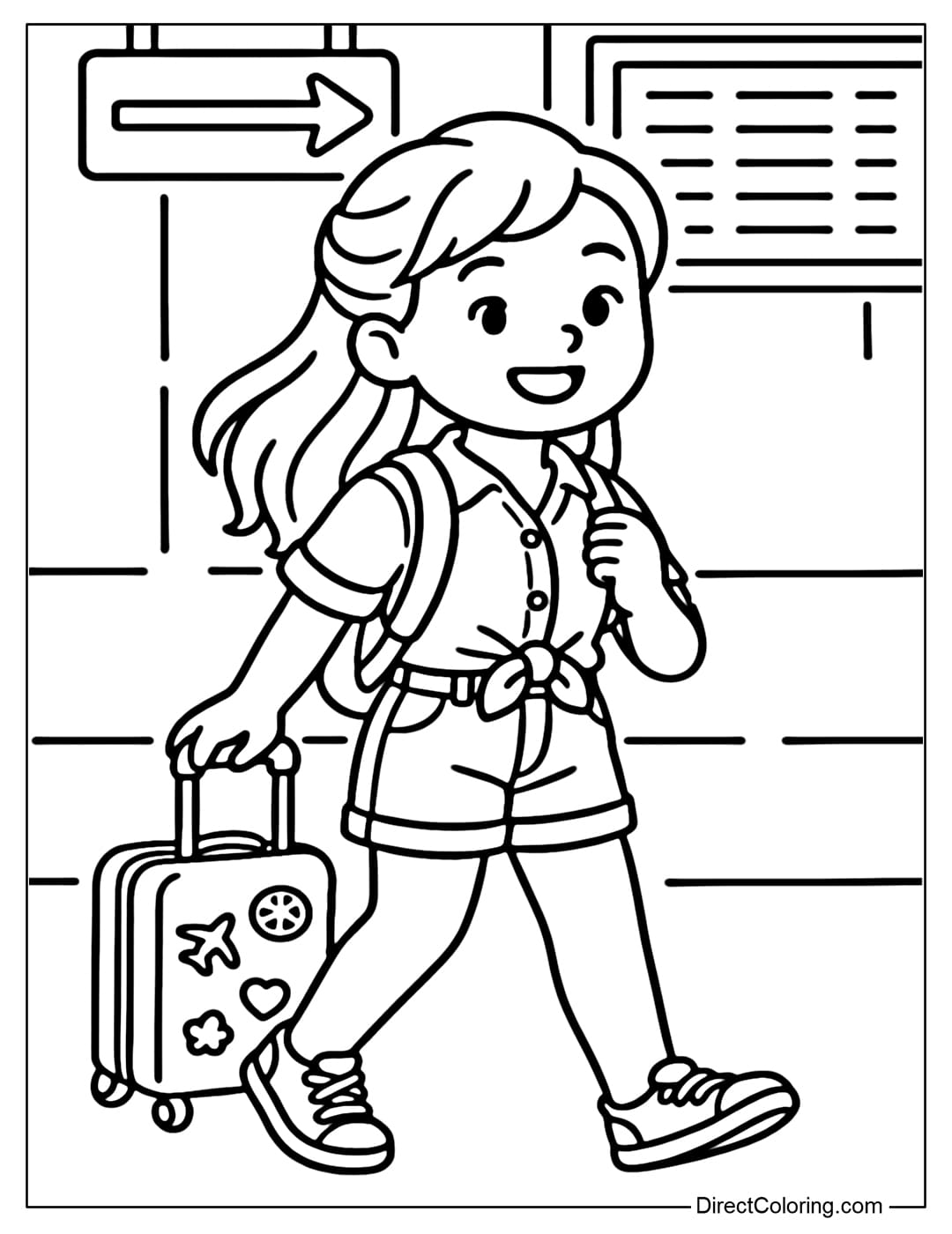 Coloring page of a girl with long hair tied neatly in half, wearing a youthful shirt tied with jean shorts, a backpack on her shoulder, and a small suitcase with cute travel stickers.