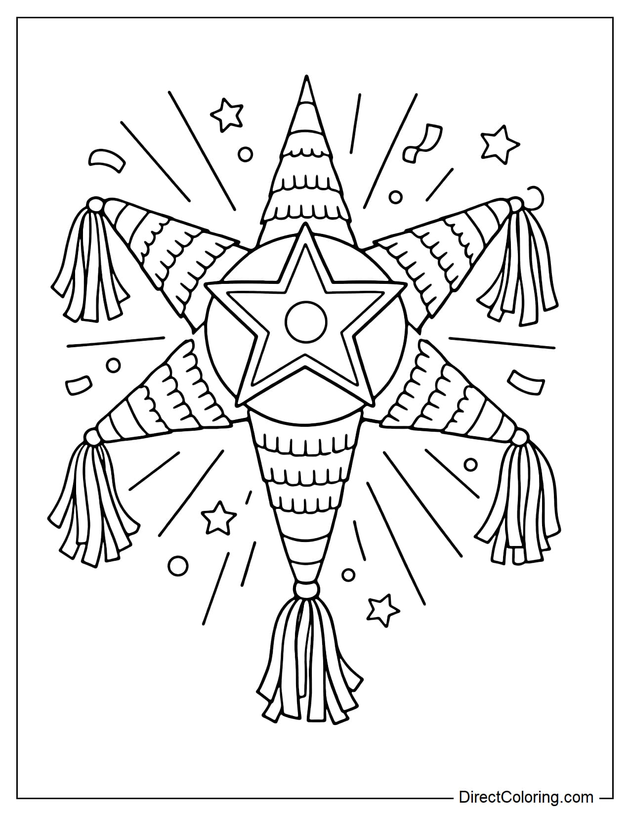 A traditional Mexican six-pointed star piñata, covered in layers of pleated paper and fringed at each end.