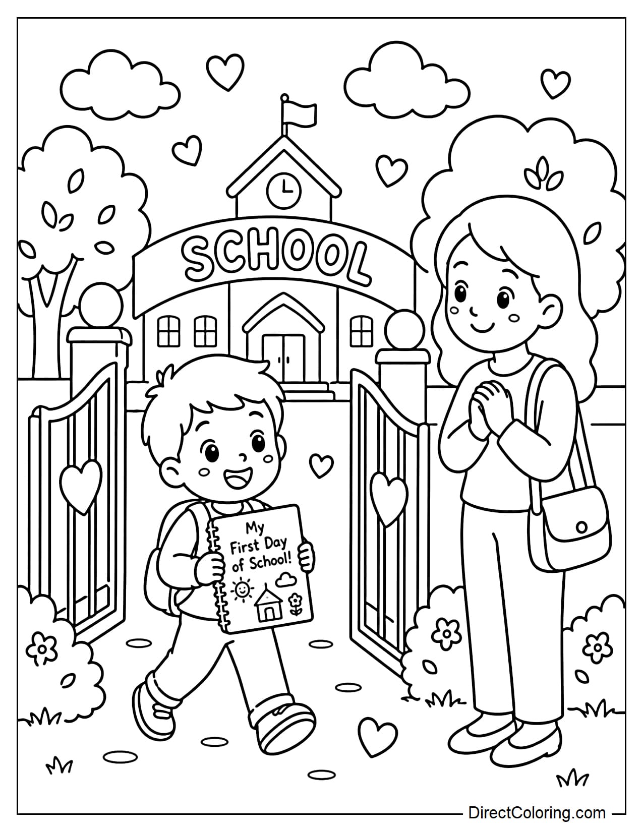 A child walks out of the school gate after their first day of school, holding a picture, with parents waiting and smiling, surrounded by trees and clouds.