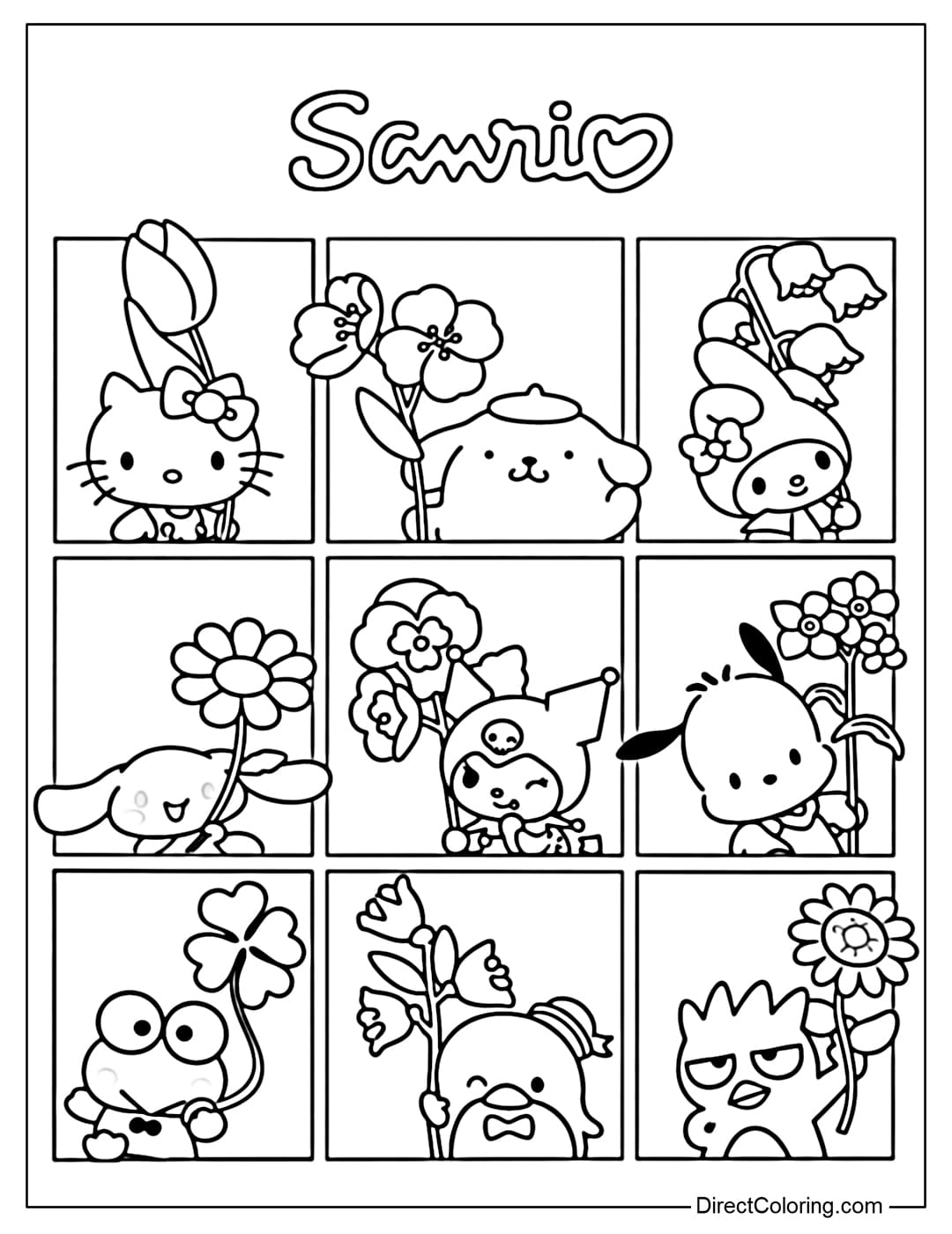 Coloring page with Sanrio characters in small frames, each holding a different flower.