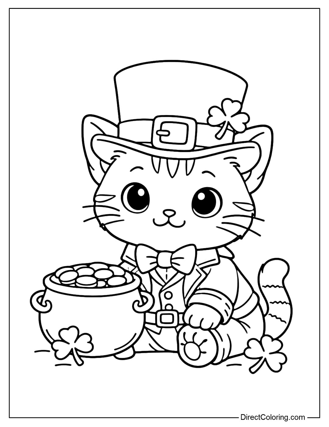 A coloring page of an adorable cat dressed in a Leprechaun outfit, wearing a blue hat and sitting next to a small pot of gold.