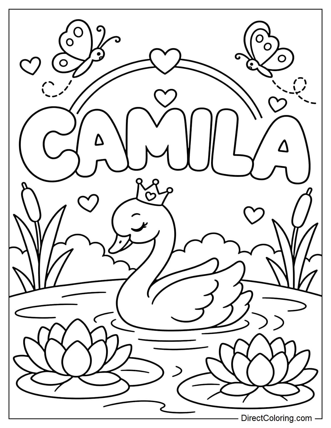 The name CAMILA appears in large bubble letters, with a small swan swimming on a pond below, and two large water lilies floating on the water on each side.