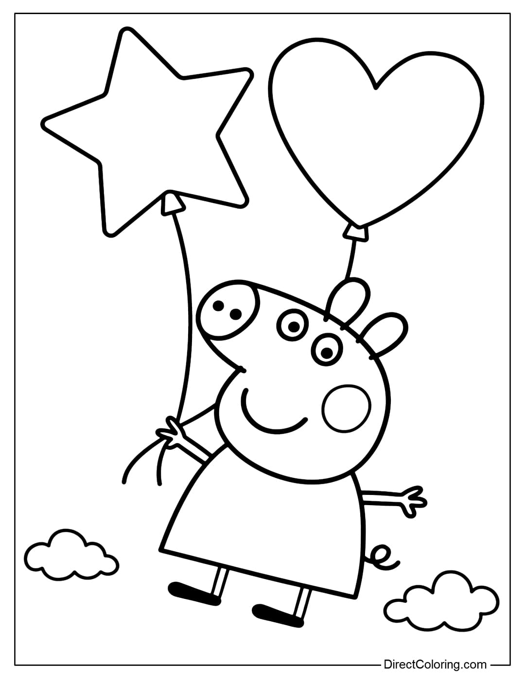 A coloring page of Peppa Pig being lifted up by a bunch of giant star and heart shaped balloons.