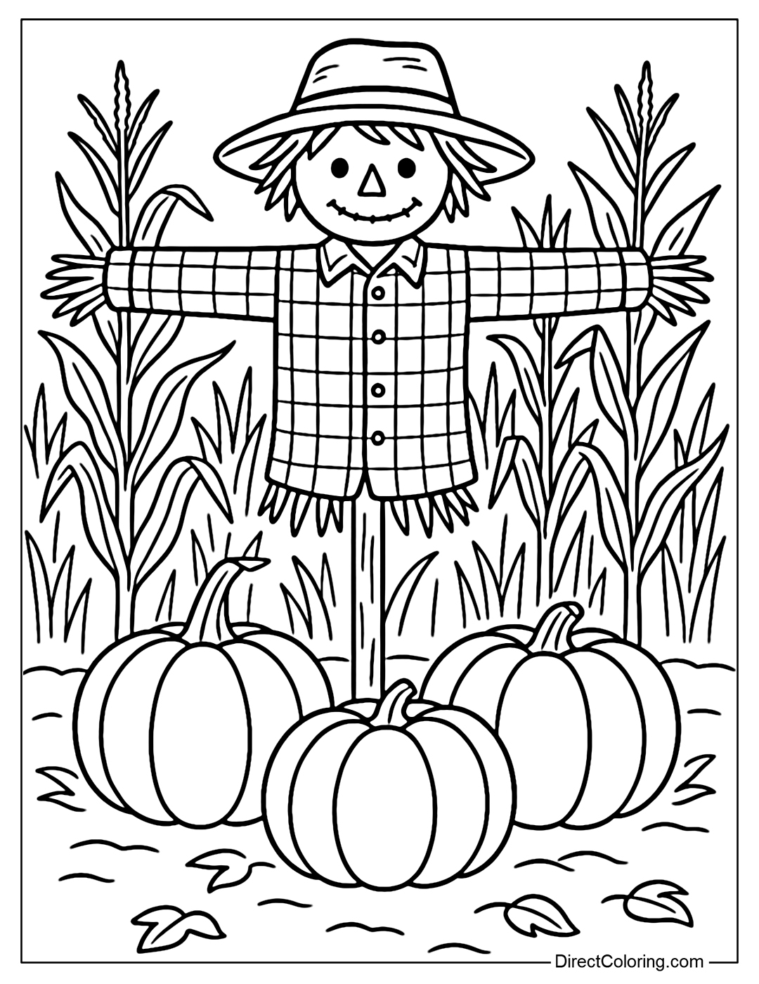 A straw man coloring page in a straw hat, a plaid shirt, standing in a cornfield, with pumpkins at his feet.