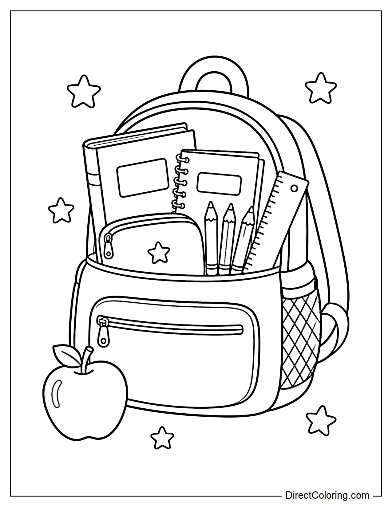 A large backpack is open, with books, notebooks, pencils, rulers, and a pencil case protruding inside. A small apple and a few stars are on the front of the backpack.