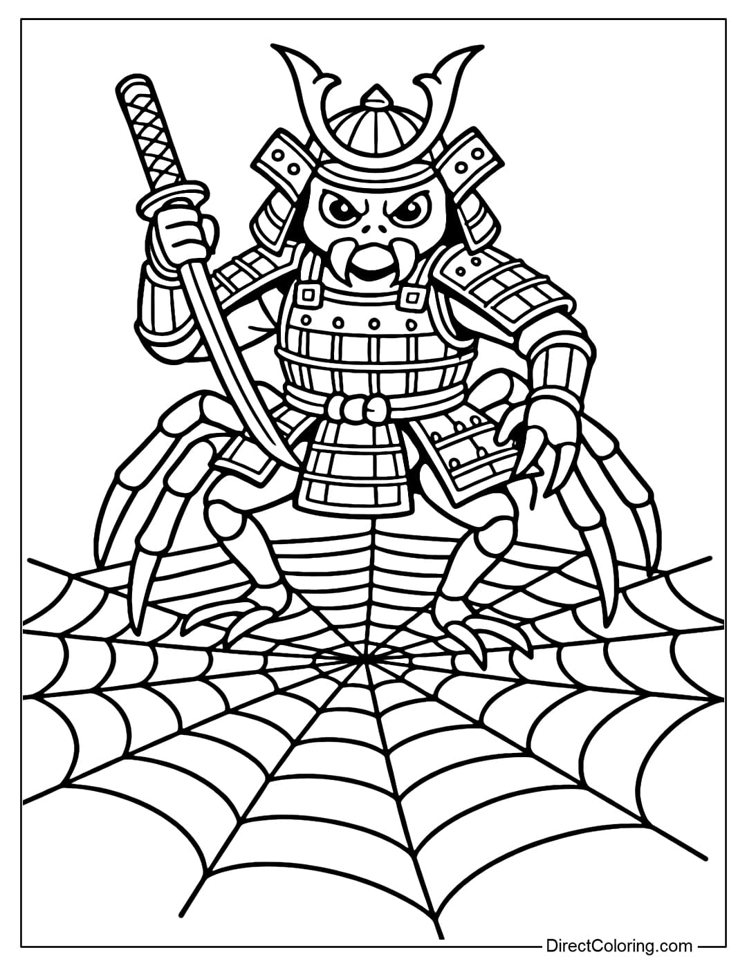 A samurai spider coloring page with Japanese armor, a small katana sword, standing on a web like a ring.