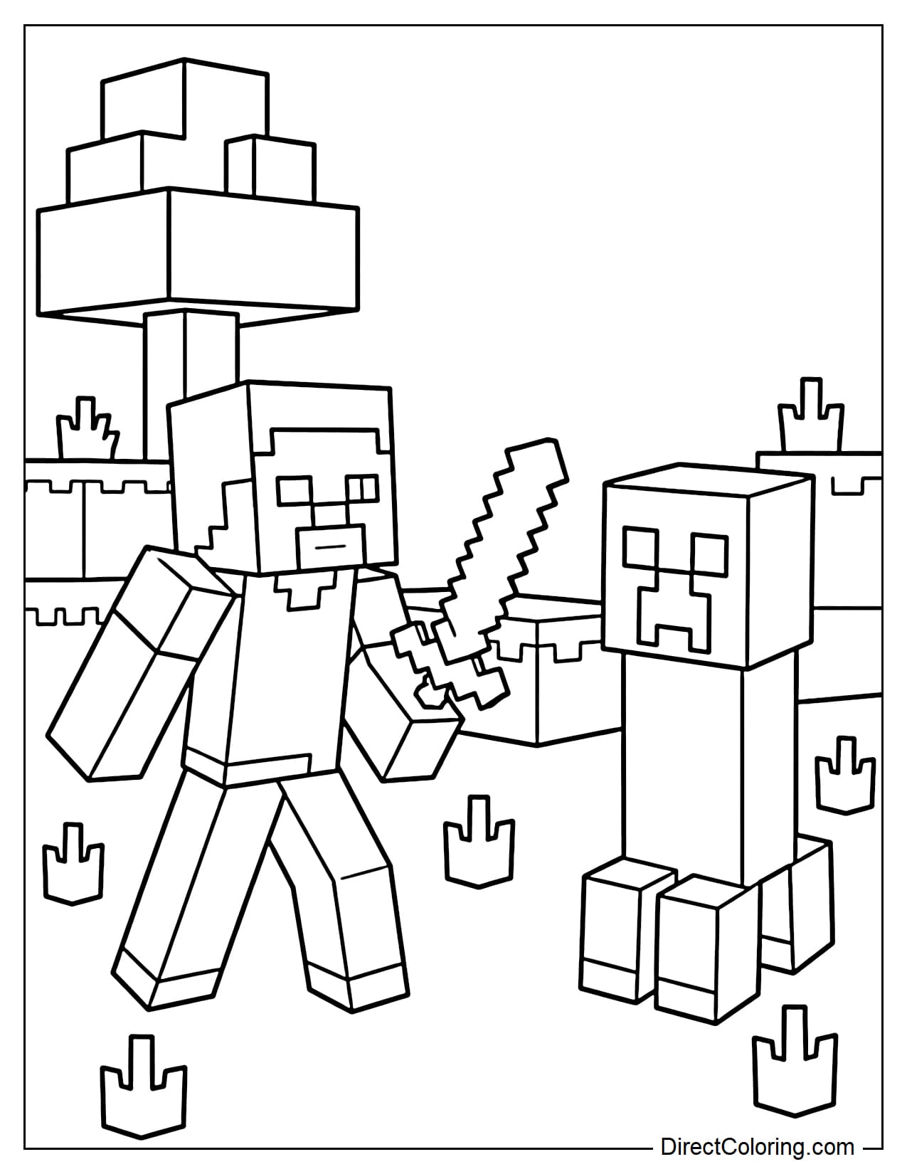 Steve stands facing a Creeper in a simple outdoor setting, with a few grass blocks and a small tree nearby.