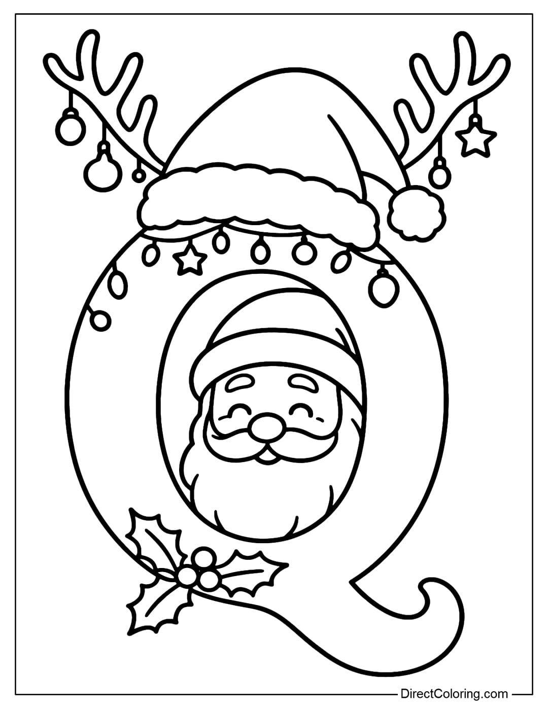 Coloring page Letter Q Christmas, inside the letter Q is a looming Santa Claus, with decorative lights.