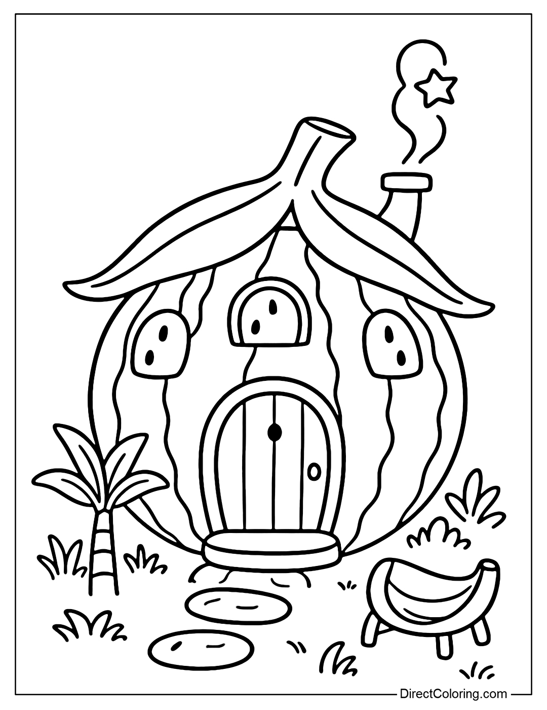 A round watermelon house coloring page with a striped green shell as the walls. The roof is a curved banana peel that is slightly turned upside down like a soft dome.