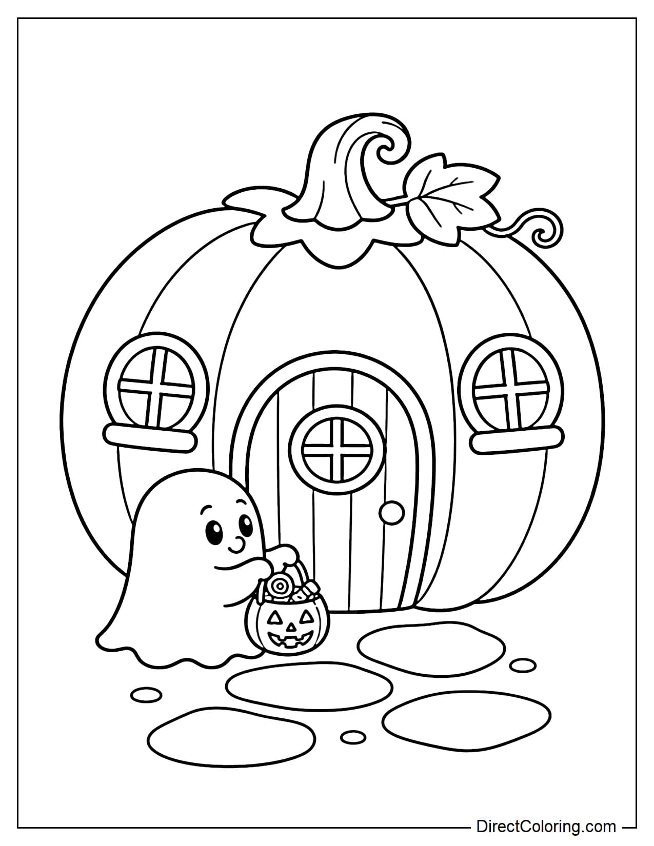 A giant pumpkin turned into a small Halloween house with a round door and two simple windows, with a little ghost standing at the door holding a candy bag as if trick-or-treating.