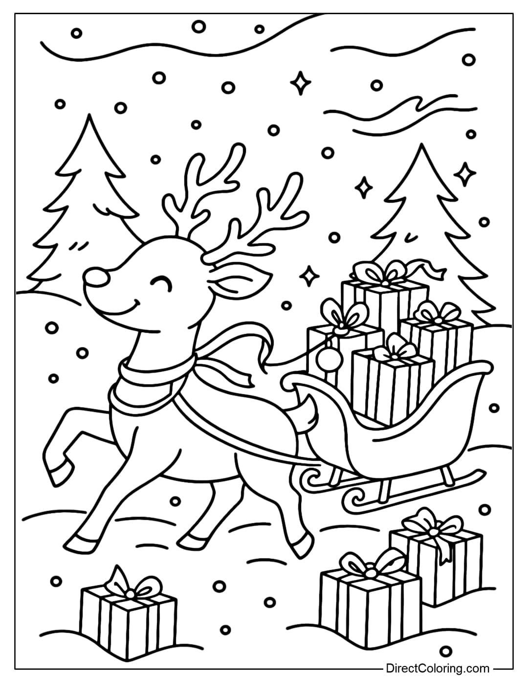 Reindeer Gift Delivery Coloring Page Coloring page of a reindeer pulling a sleigh full of gift boxes, with a fluttering ribbon.