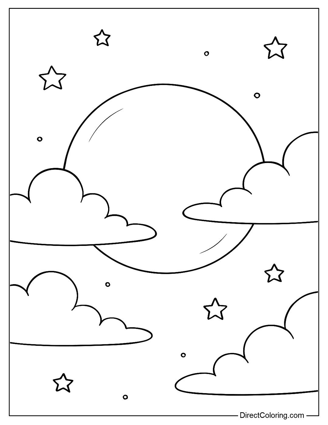 A hazy full moon coloring page half hidden and half visible behind thin clouds