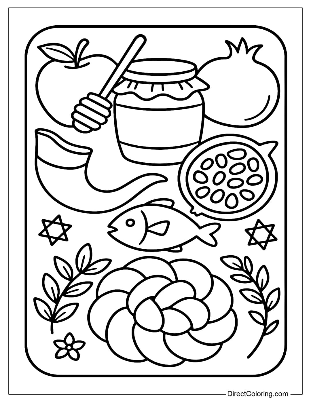 A coloring page that gathers Rosh Hashanah symbols: apple, honey, shofar, pomegranate, fish, challah in a cute frame.