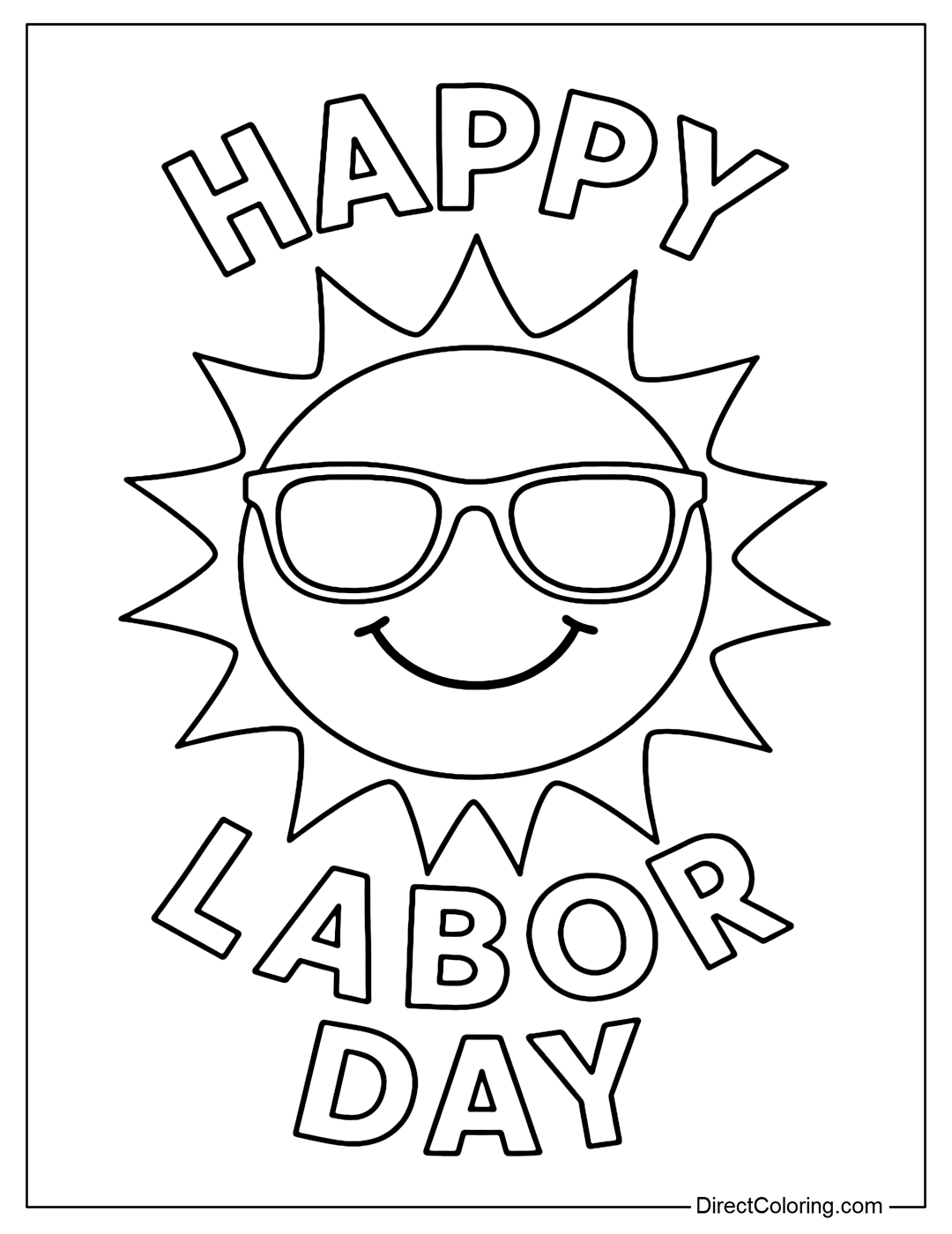 Coloring page of a smiling sun, wearing sunglasses, surrounded by the words 