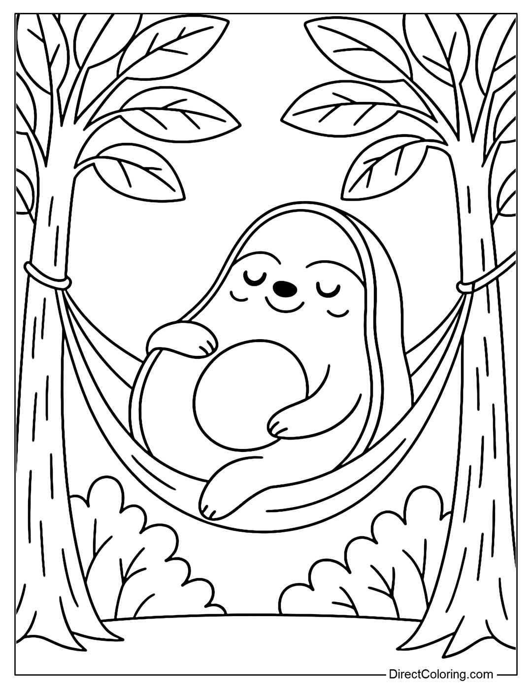 A sloth coloring page with a body like an avocado cut in half, with a round belly and a seed, lying in a hammock between two large leafy trees.