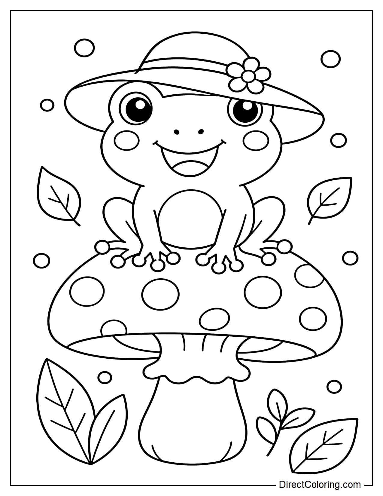 An adorable frog is sitting on a large mushroom, wearing a wide-brimmed hat with leaves and dots around its head.