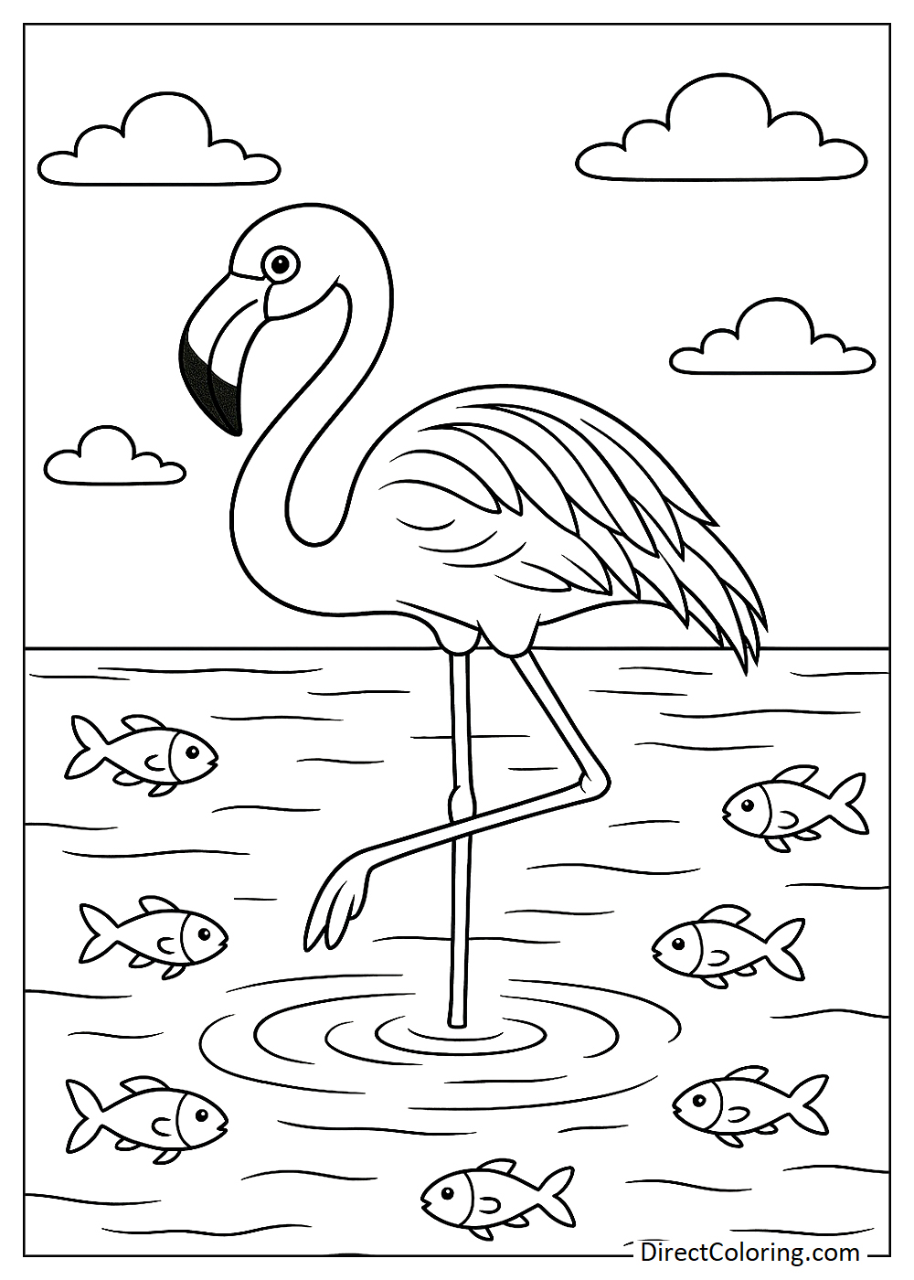 Flamingo and fish coloring page