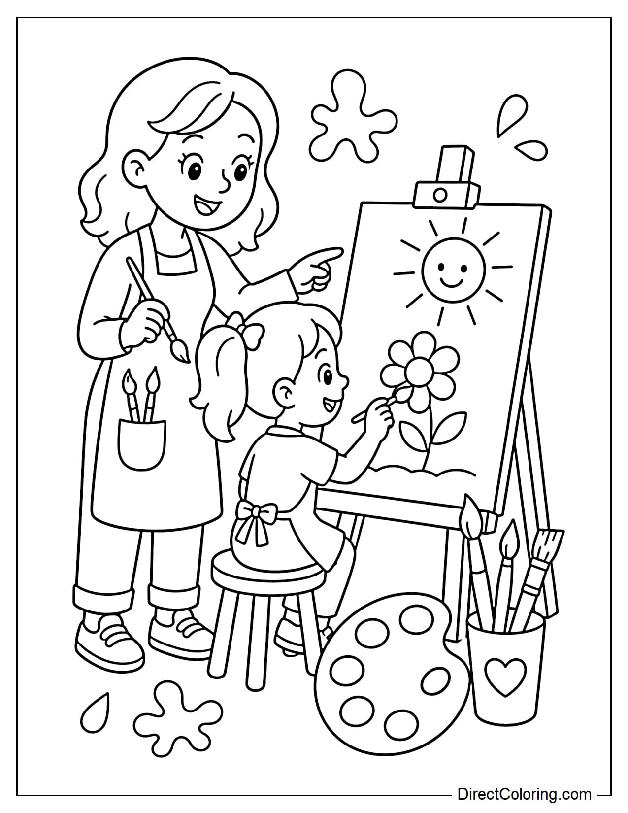 An art teacher is standing beside an easel and guiding a student in coloring a simple picture with a sun and a flower.