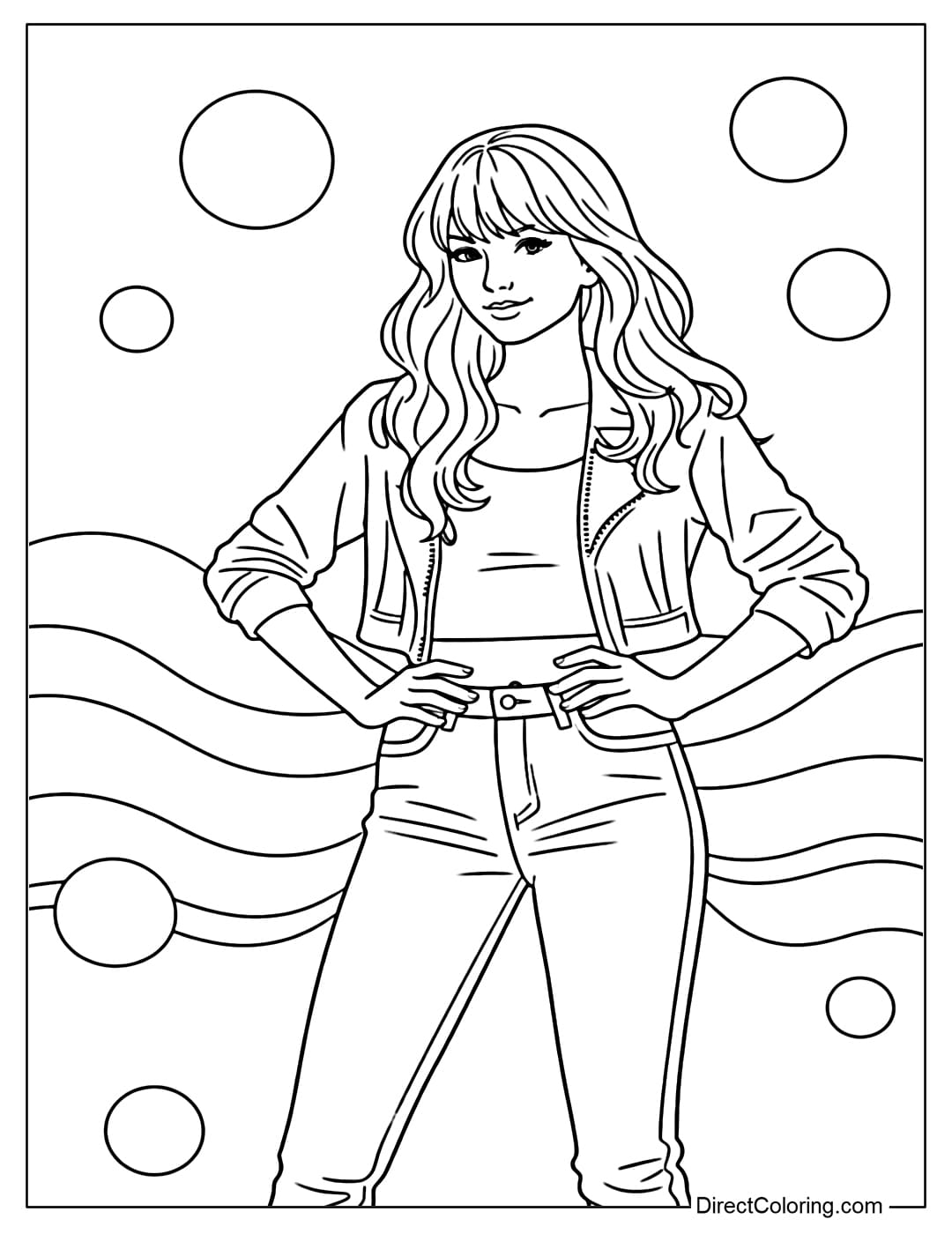 A coloring page of Taylor Swift in modern attire, standing confidently, with a background decorated with circles and waves.