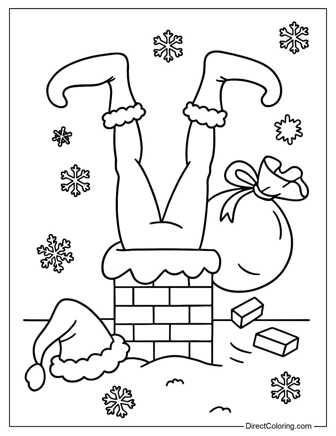 A coloring page of Grinch stuck in a chimney, his feet and gift bag sticking out, his shoes pointing upwards, his Santa hat falling off the roof.