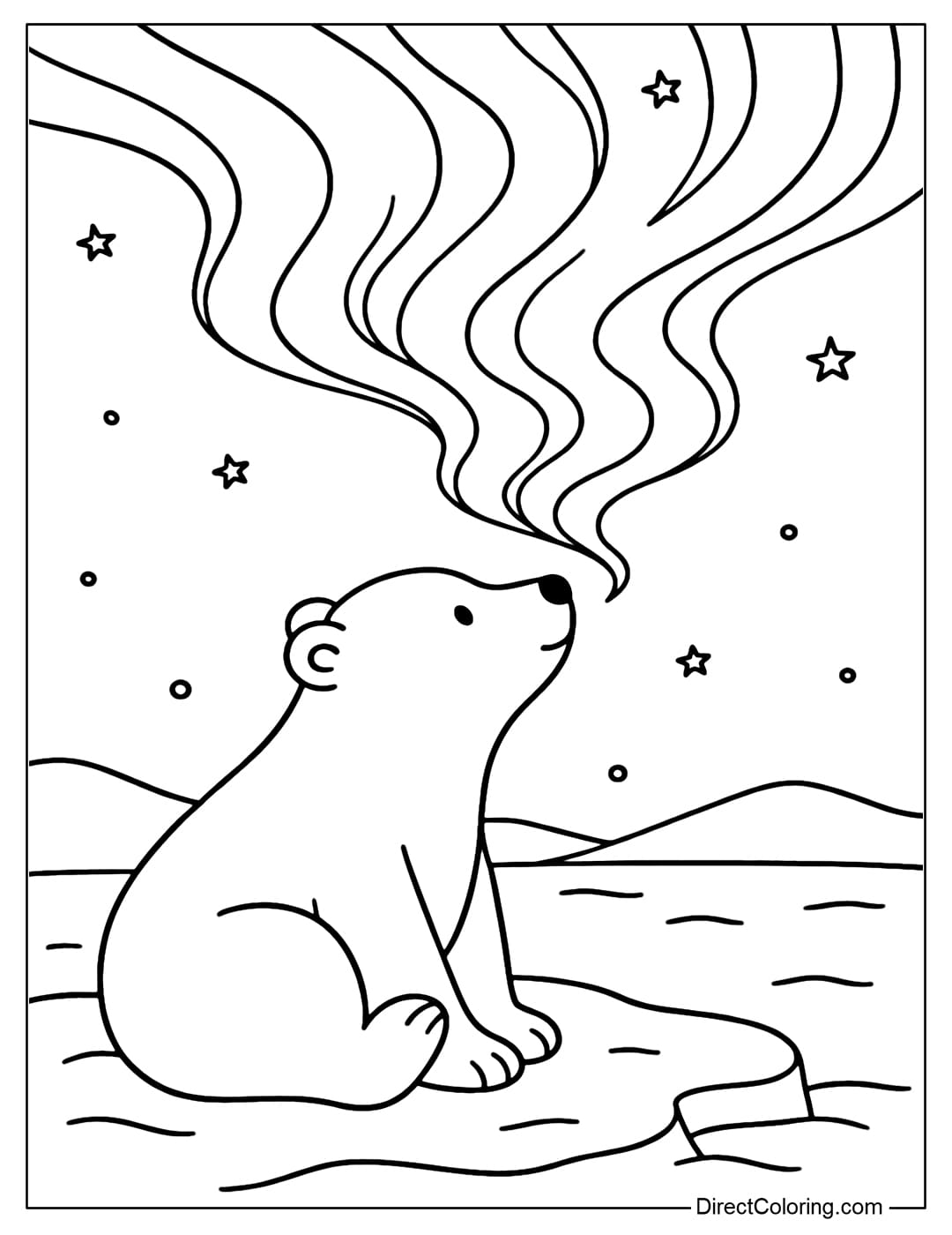 Coloring page of a polar bear looking up at the brilliant aurora sky.