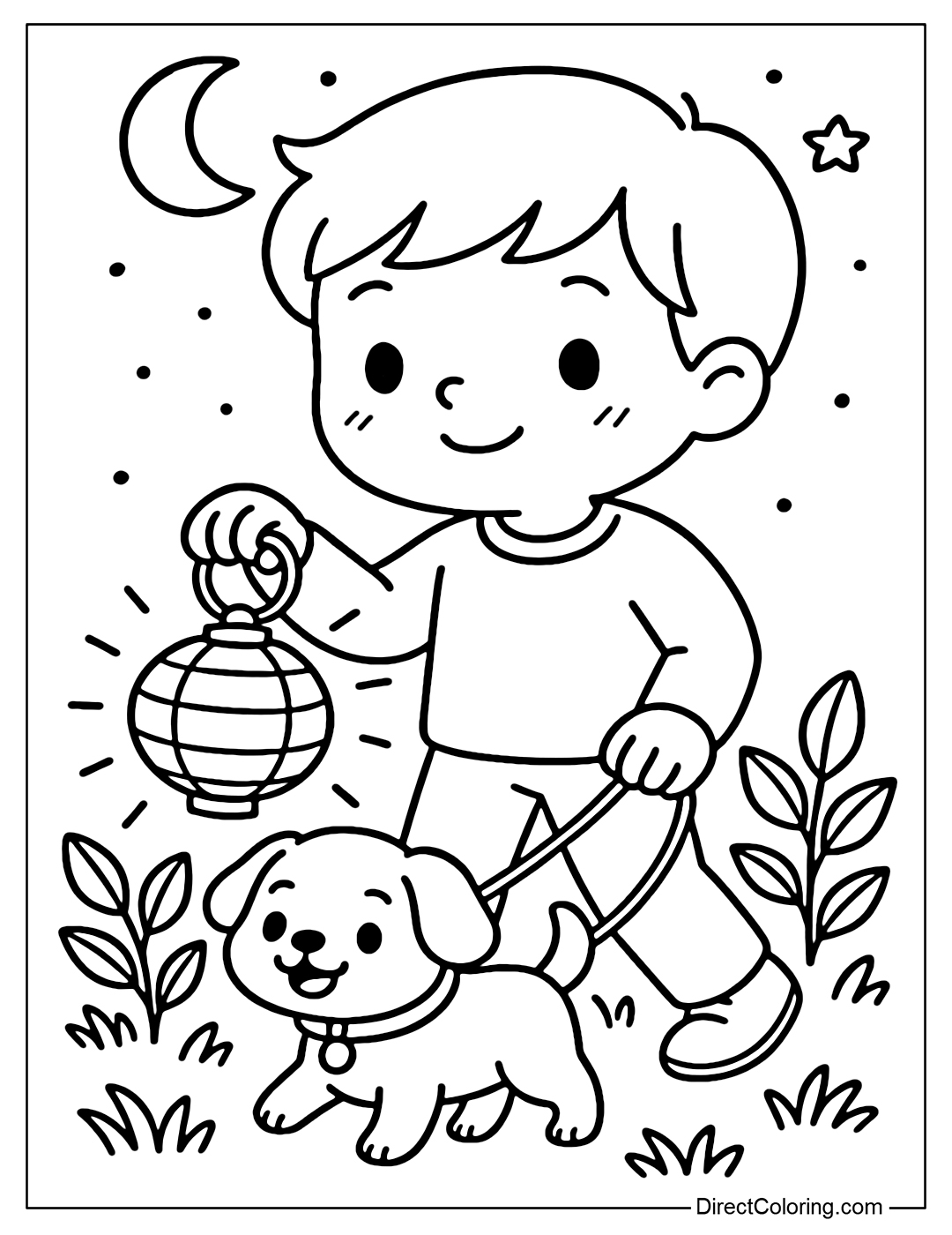A coloring page of a cute boy walking his puppy in the night, both carrying a round glowing lantern. The dog also has a cheerful expression as if sharing the light with its owner.