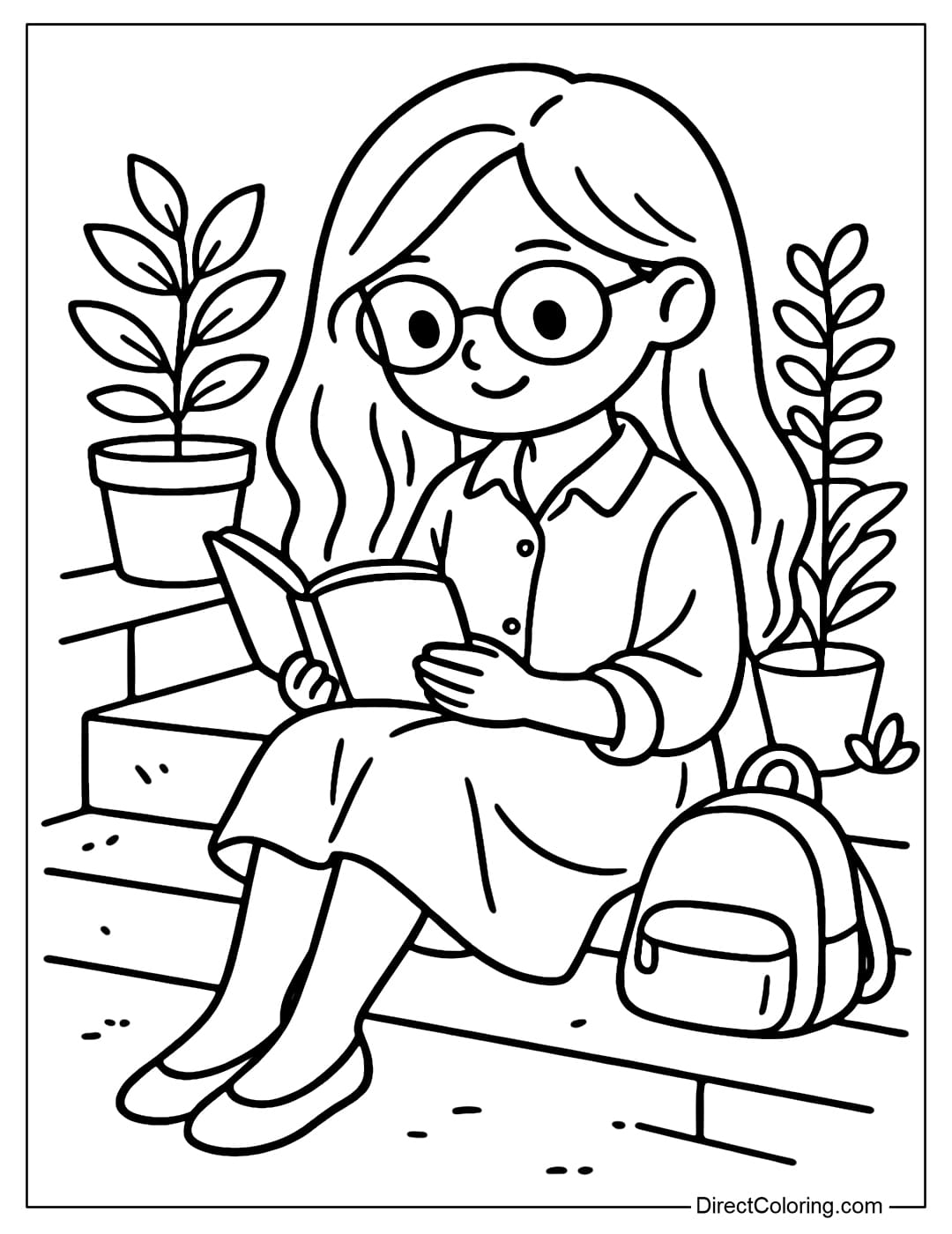 Coloring page of a girl with long, soft, loose hair, wearing round glasses, one hand holding a book she is reading, next to a compact mini backpack.