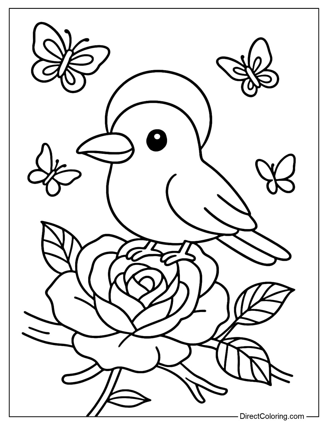 A crow coloring page sitting on a large rose branch, the petals blooming, around are a few butterflies flying gently.