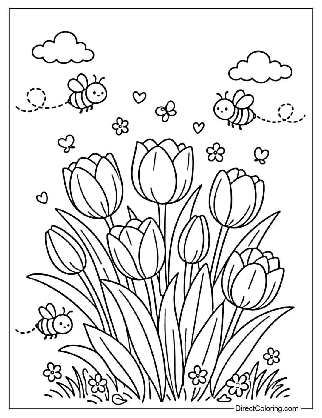 A coloring page of tulips with little bees flying around.