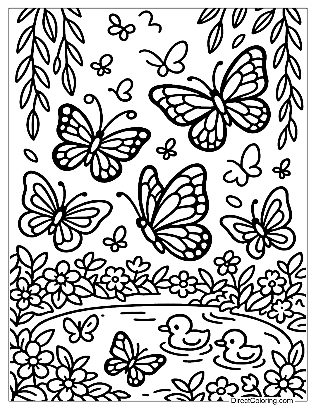 A page of butterflies flying around a peaceful small pond, around the shore is a soft weeping willow tree, many butterflies flutter on the water surface, there is a pair of ducklings swimming lightly.