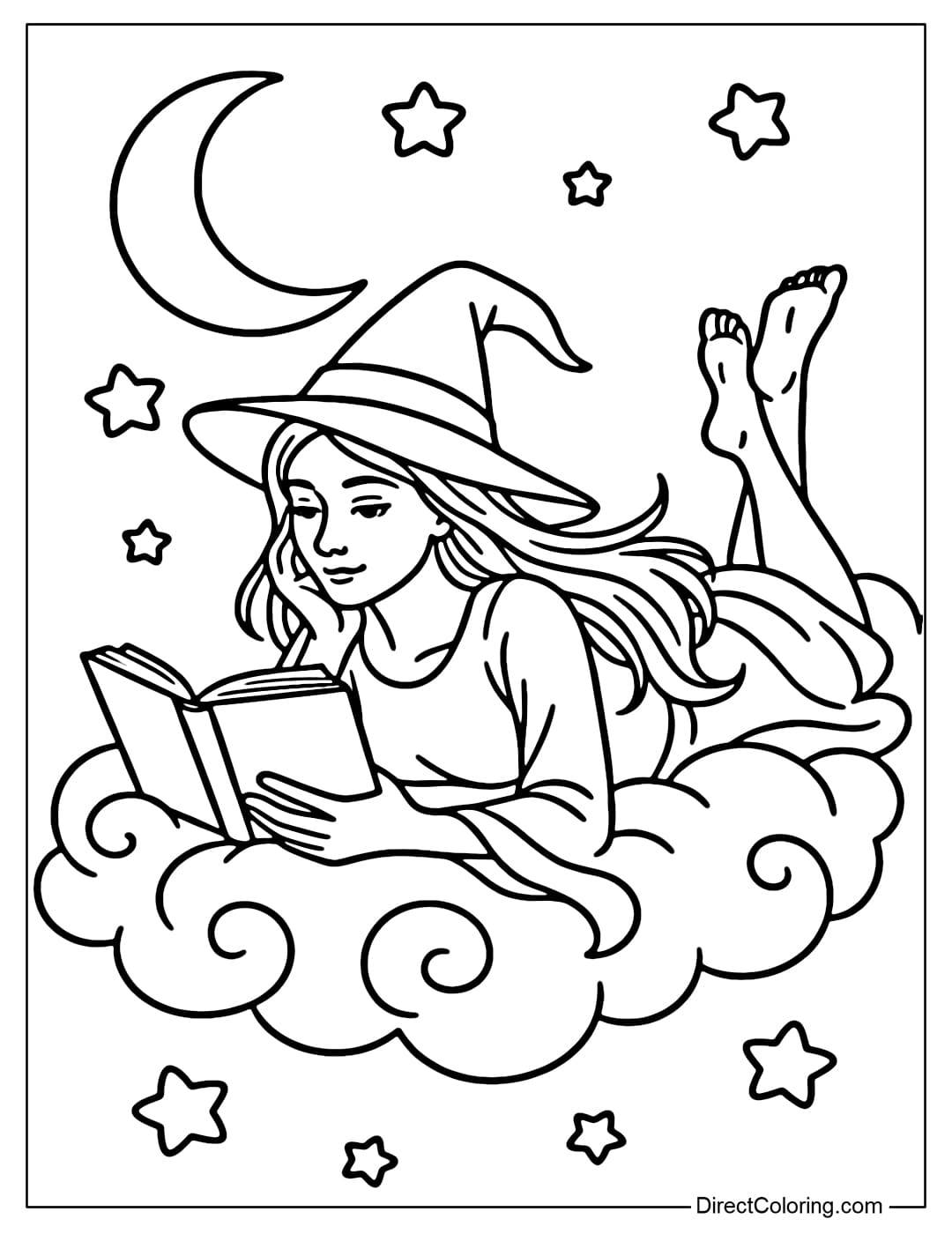 A witch coloring page lying on a candy-colored cloud reading a book, surrounded by a crescent moon and a few chubby stars.
