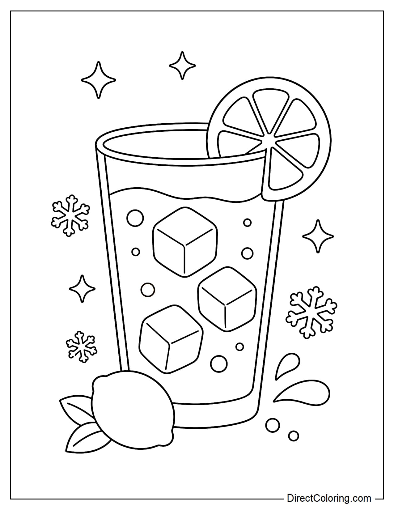 A large glass of lemonade with several square ice cubes inside and a lemon slice attached to the rim.
