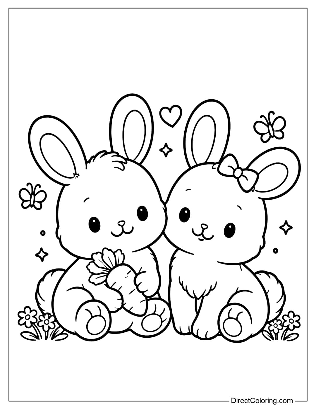 A coloring page of two adorable rabbits sitting next to each other.