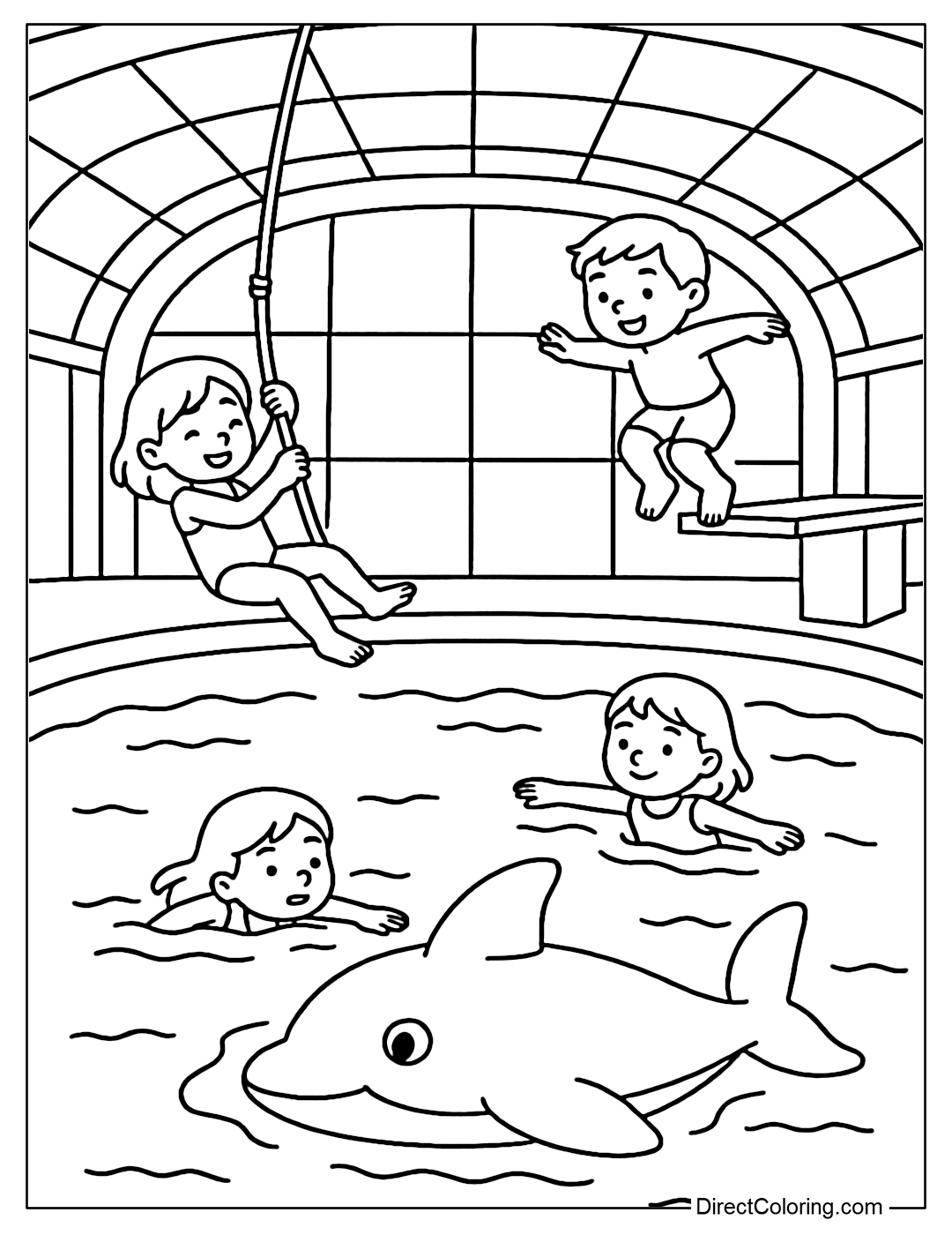 Indoor swimming pool coloring page with glass ceiling, kids are swinging, jumping and swimming next to whale floats.
