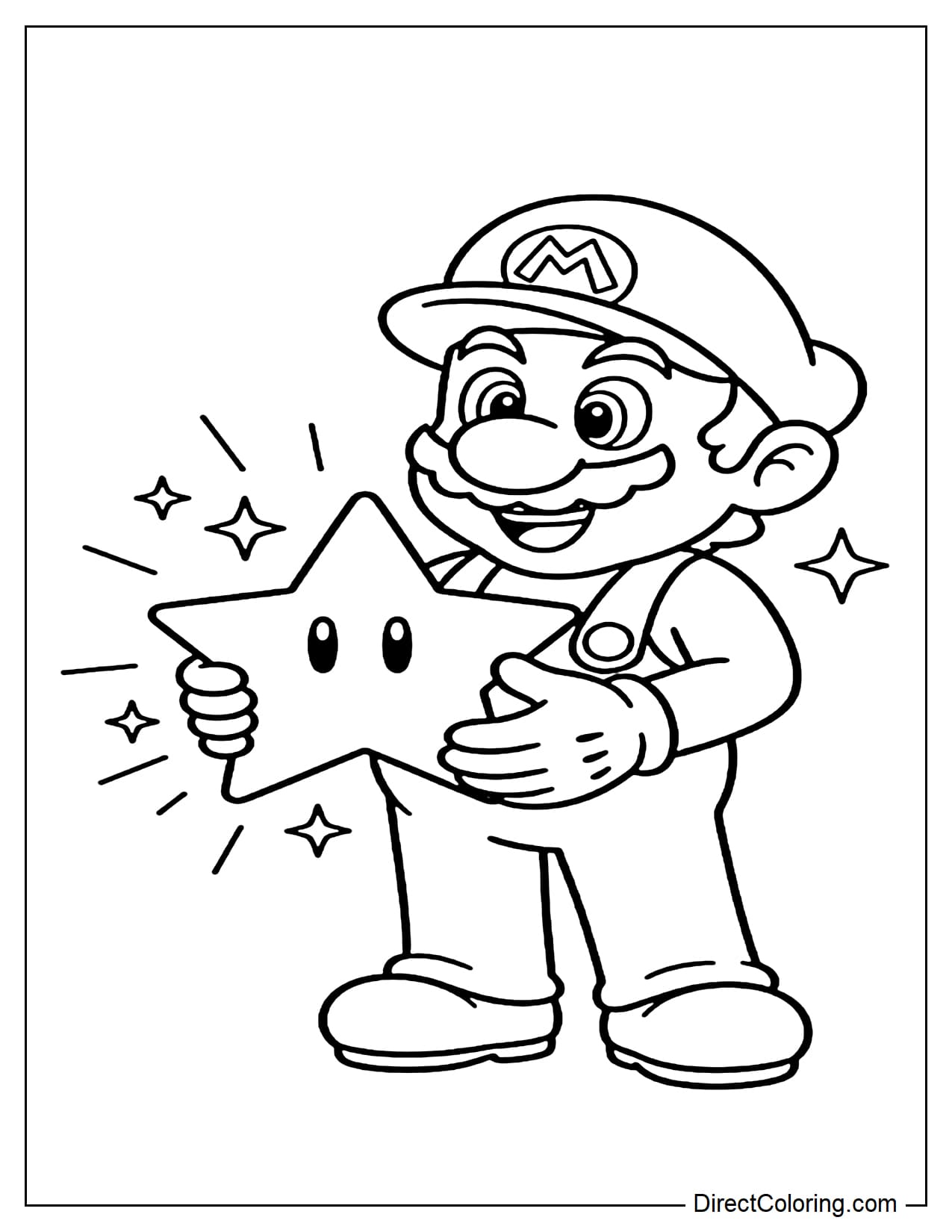 Mario holds a large Super Star with a cheerful expression, surrounded by a few simple light rays.