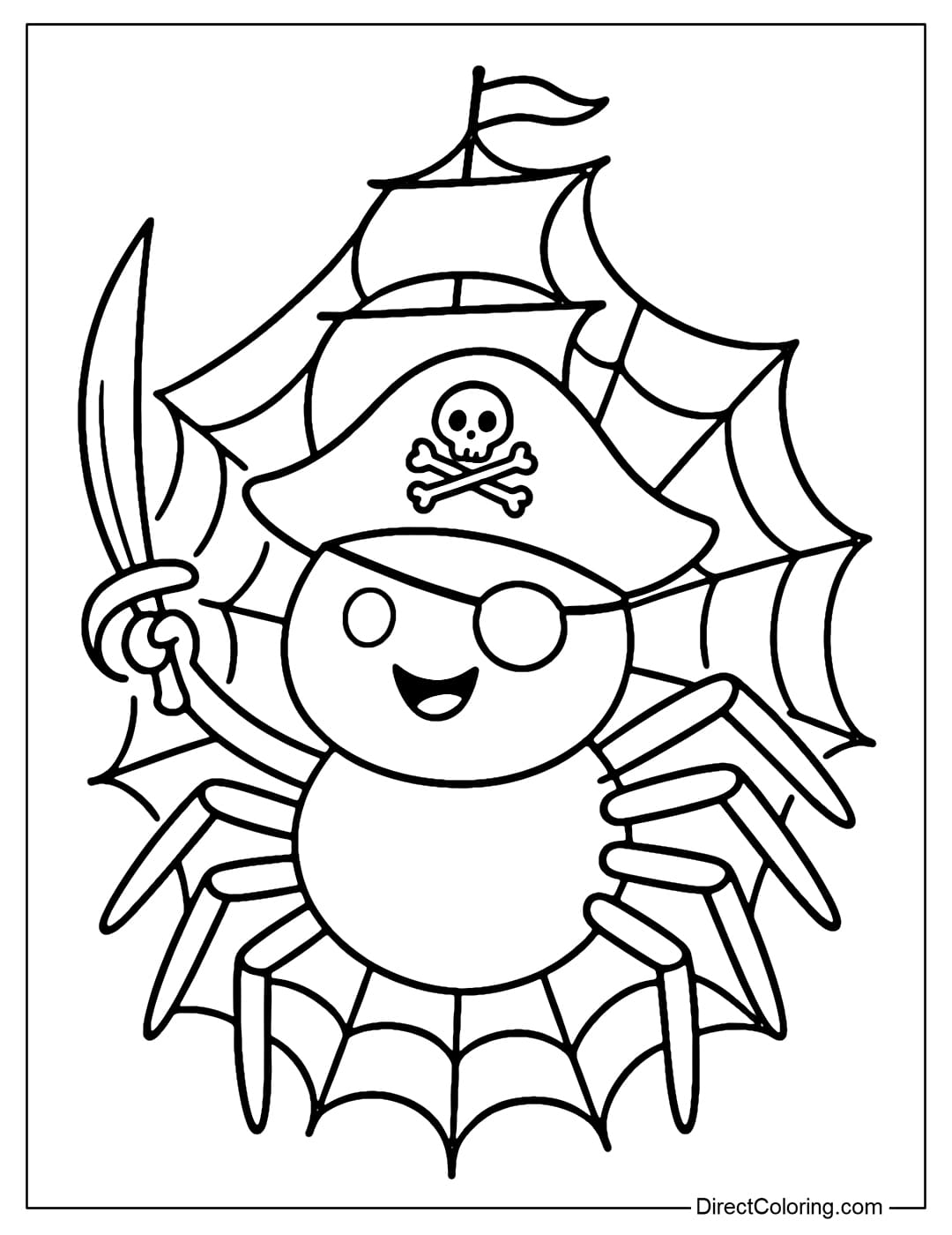 A coloring page of a pirate spider wearing a blindfold, holding a small sword, standing on a silk web shaped like a ship.