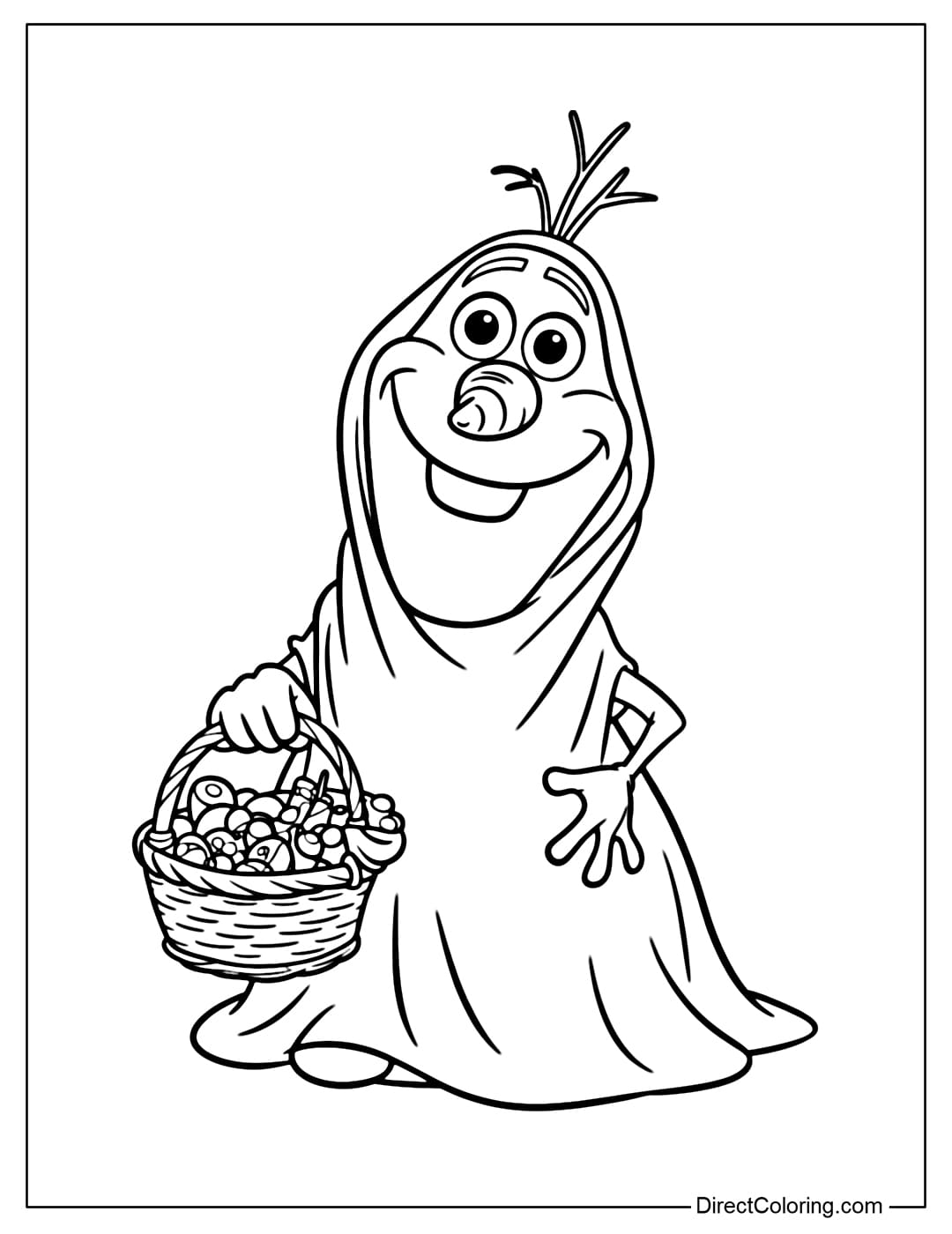 Coloring page of Olaf covered in white cloth, holding a basket of candy.