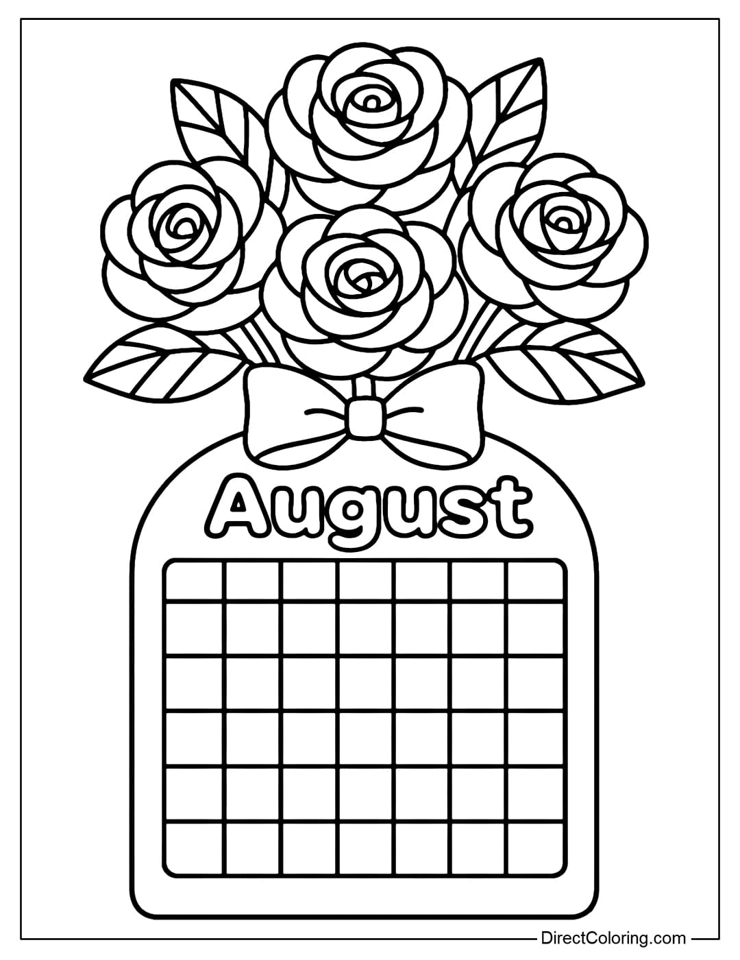 August calendar coloring page features a rounded calendar frame at the bottom and a large bouquet of roses at the top.