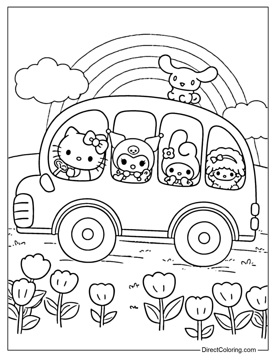 A coloring page showing Sanrio characters riding a bus through a field of flowers under a vibrant rainbow.