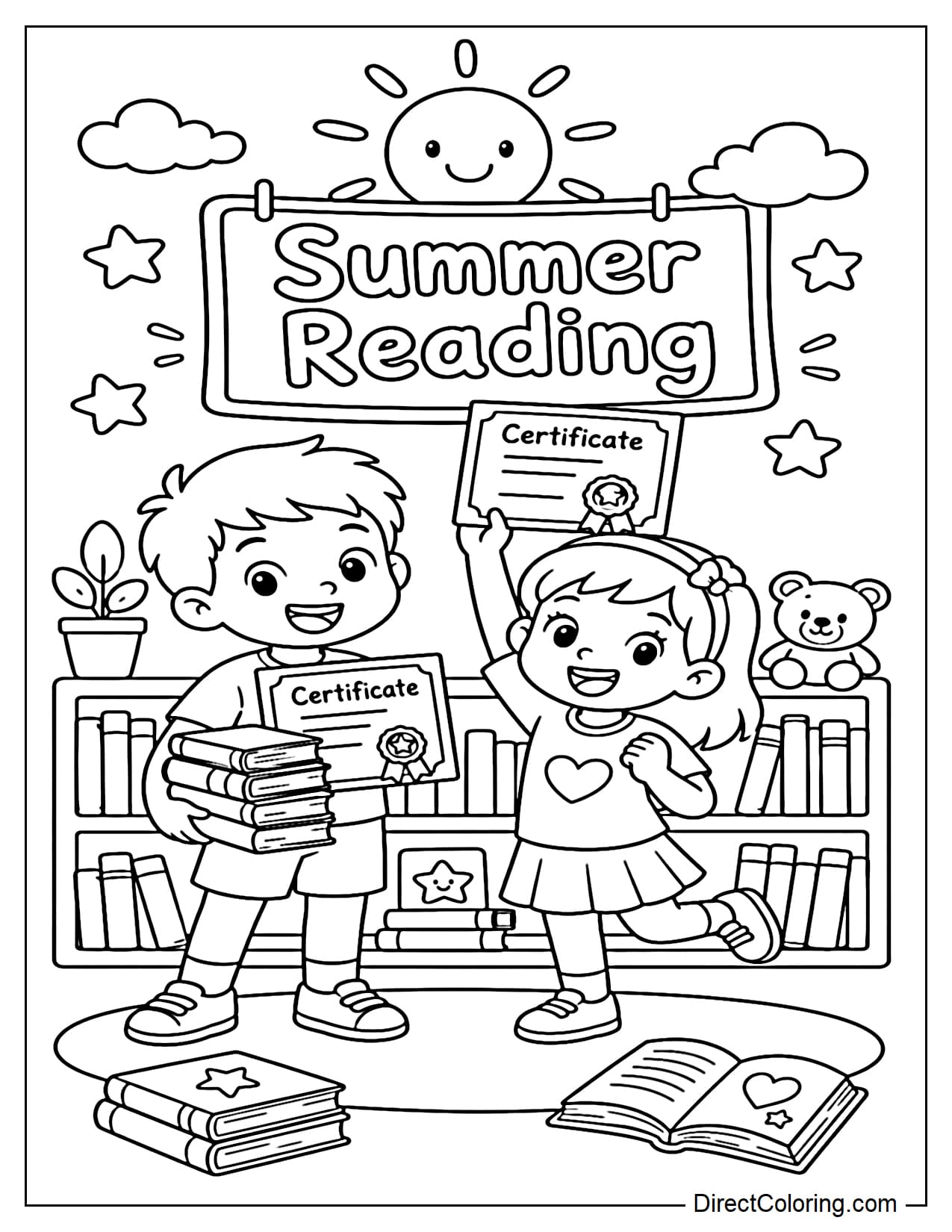 Two children happily receive their summer reading challenge completion certificates at the library. One child holds a stack of books, the other holds up a certificate, behind them is a bookshelf and a sign that reads 