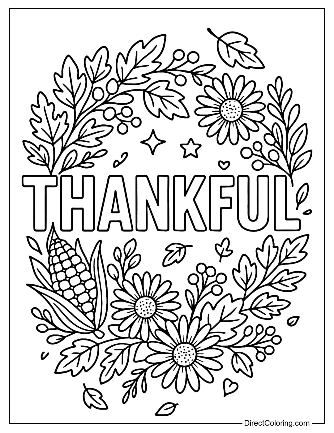 A coloring page of the word THANKFUL, behind the word is an autumn wreath (yellow leaves, small corn cobs, wild daisies, berries).