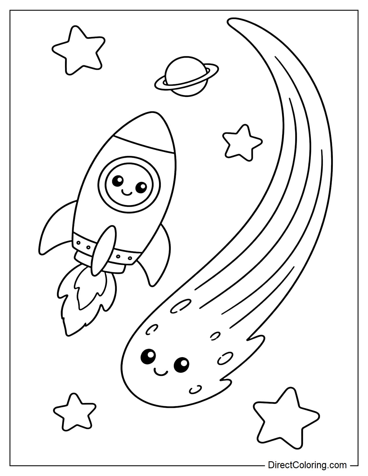 A rocket flying alongside a large comet with a long curved tail, with a few stars and a small distant planet around them.