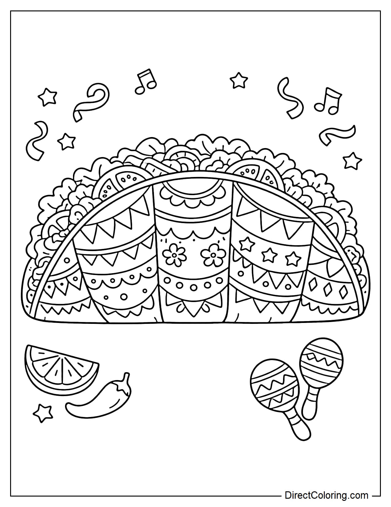 A taco decorated with vibrant patterns on its shell. Surrounding it are symbols such as maracas, musical notes, stars, winding ribbons, lemon slices, and chili peppers.