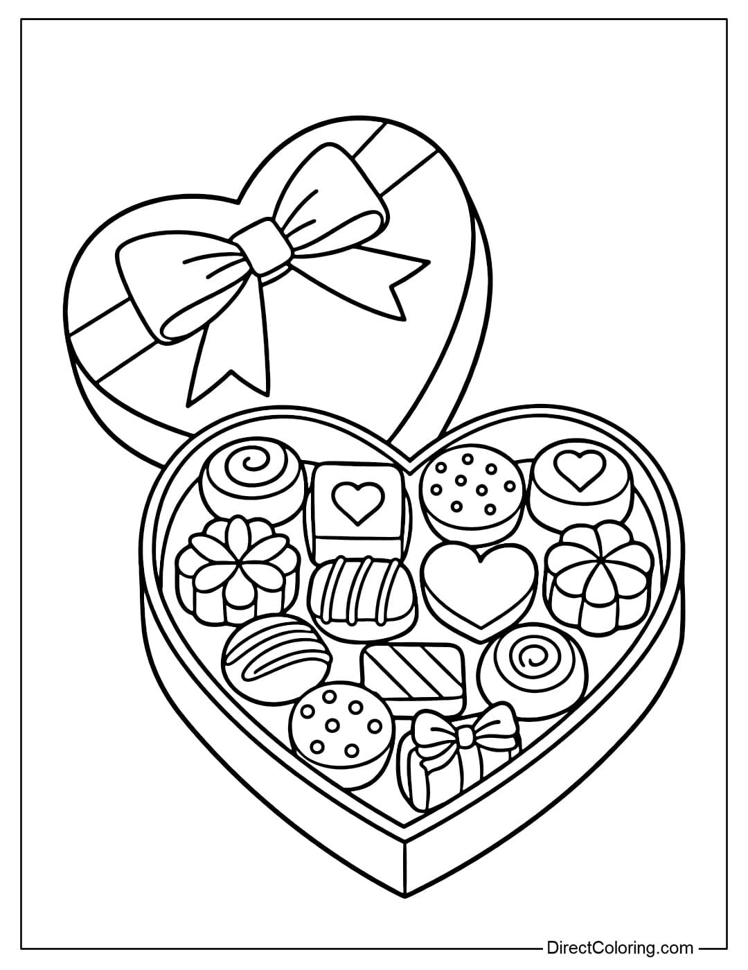 A coloring page of a heart-shaped chocolate box with an open lid, inside are chocolate candies.