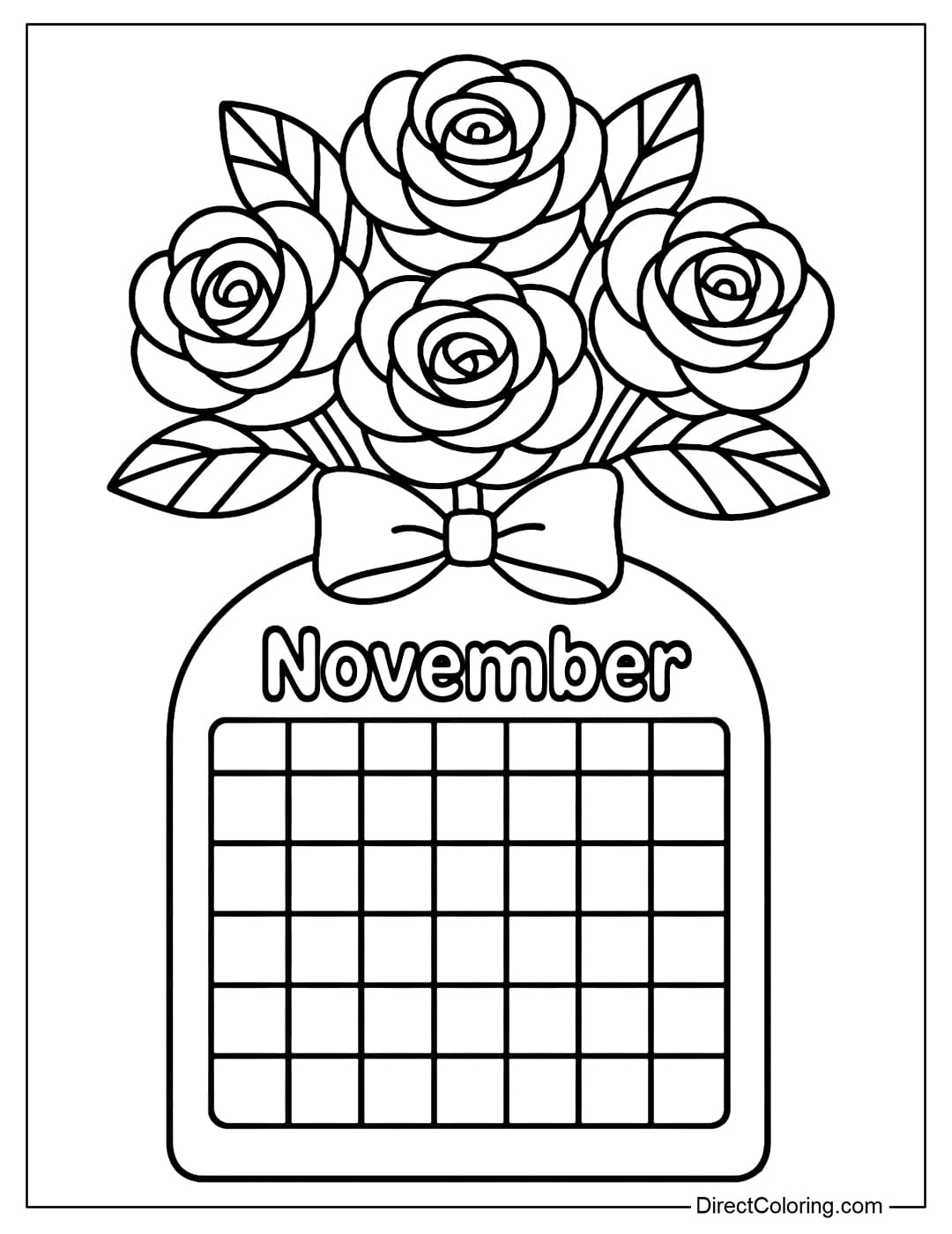 November calendar coloring page features a rounded calendar frame at the bottom and a large bouquet of roses at the top.