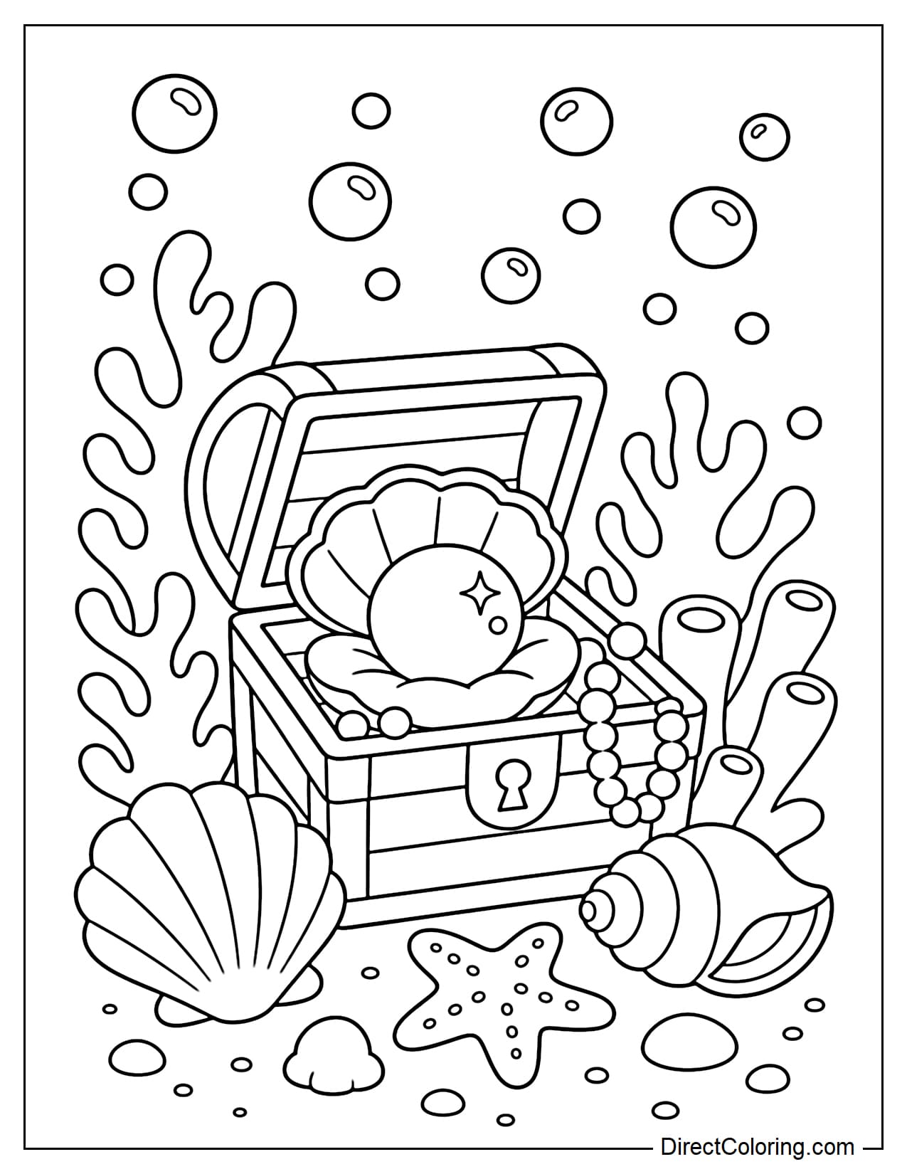 A small treasure chest nestled among coral and seashells, featuring a large, prominent pearl and numerous bubbles.