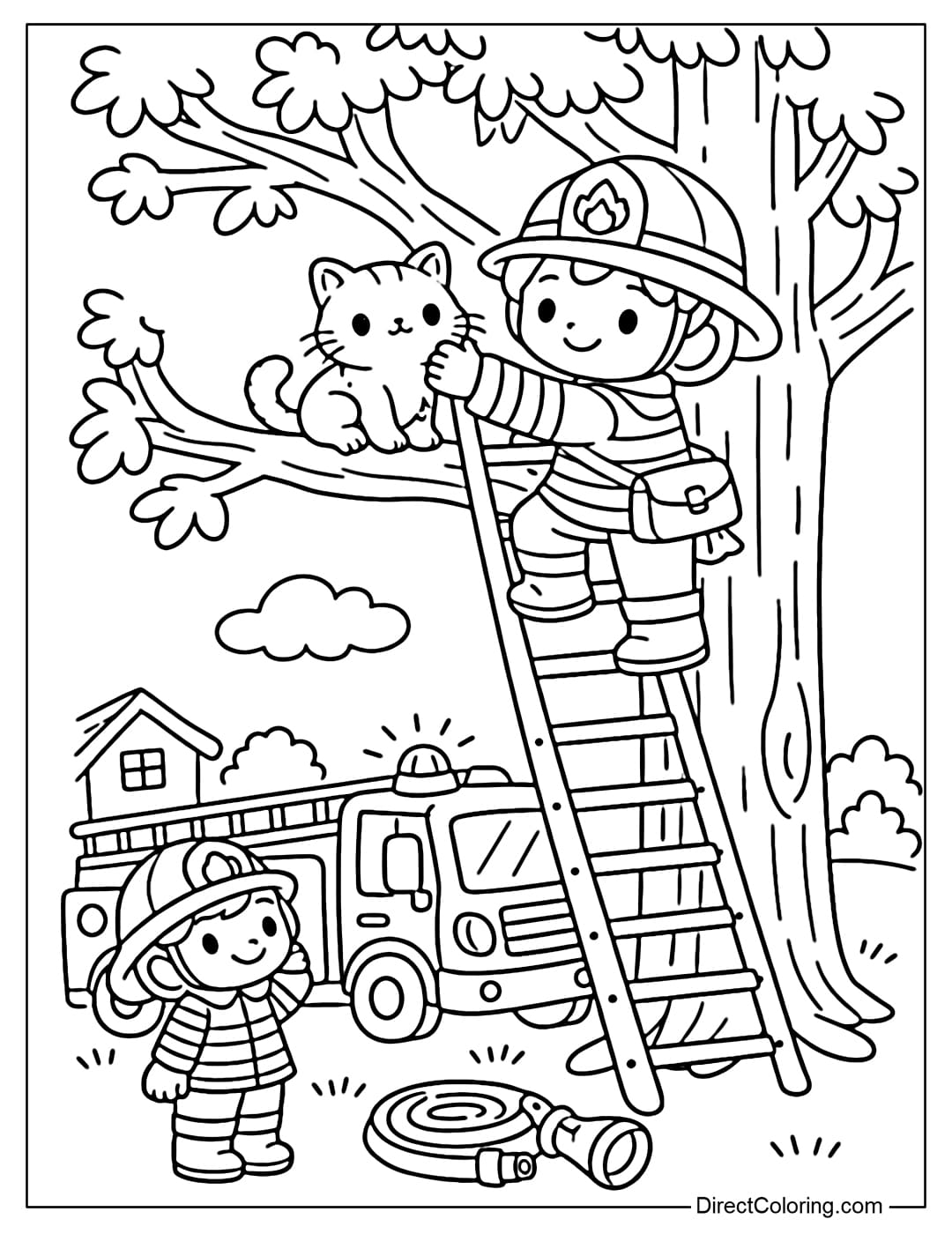 Coloring page of a firefighter climbing a ladder to rescue a cat from a tree.