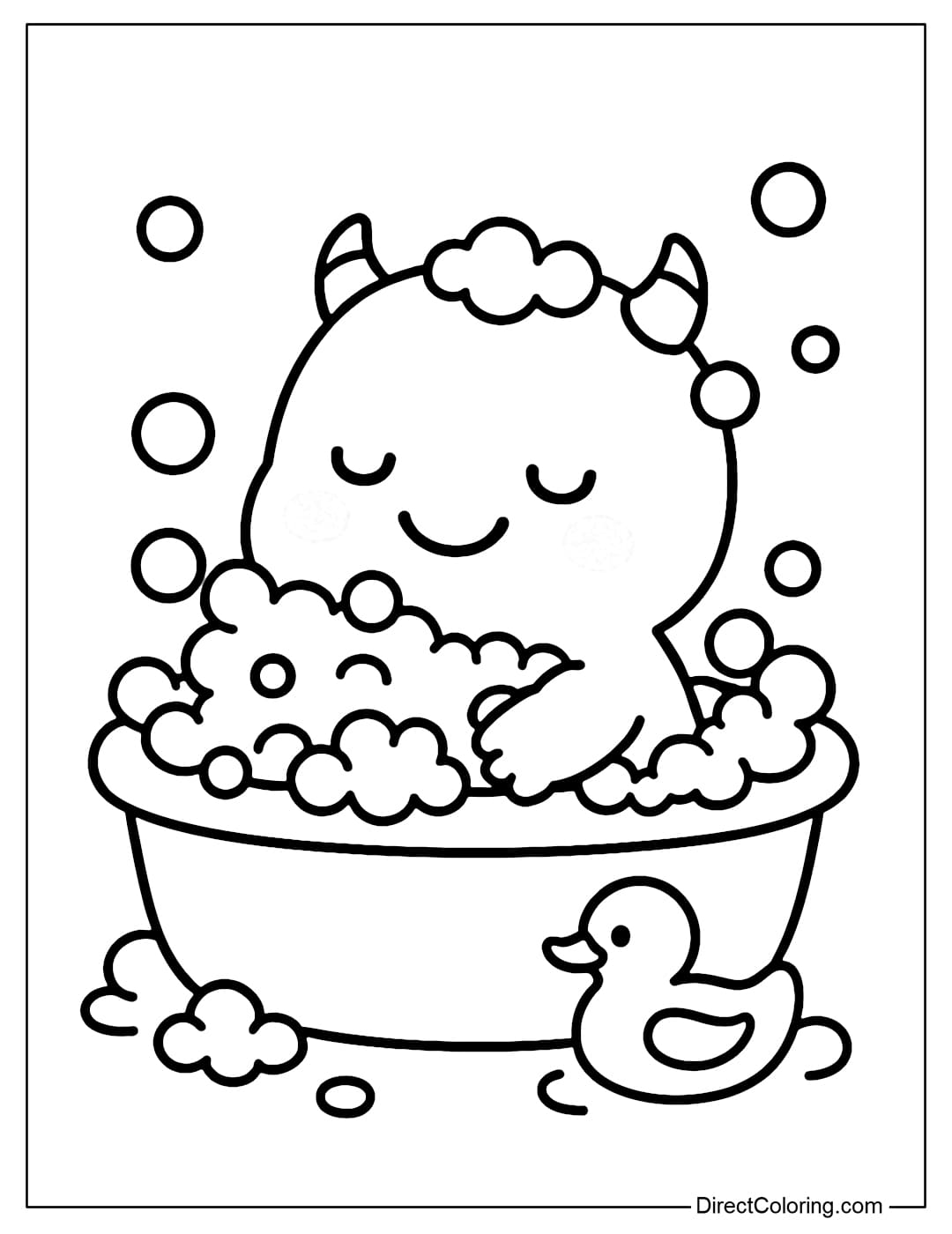 A baby monster coloring page with two small horns bathing in a tub of soap bubbles, a rubber duck floating next to it.