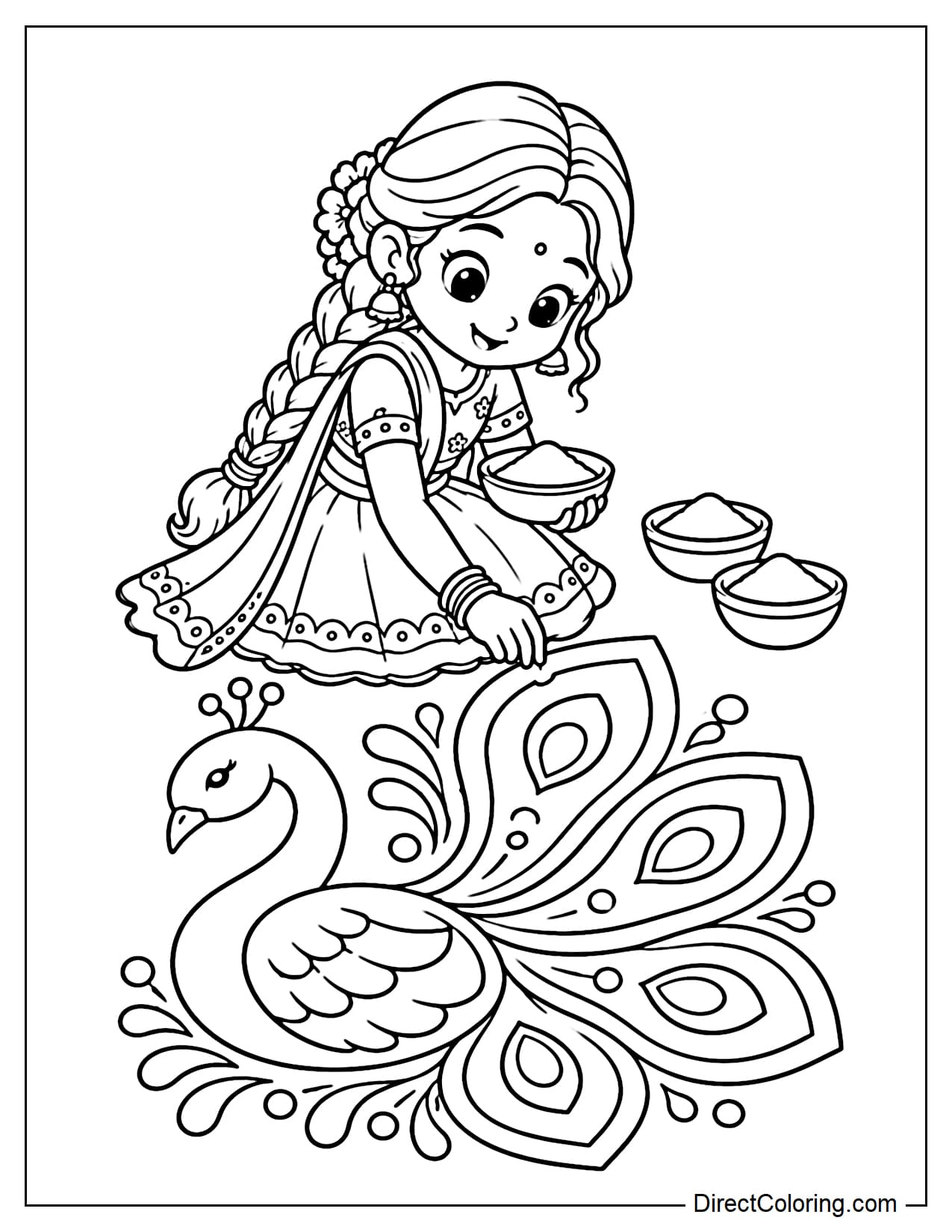An Indian girl in a lehenga with a long braid kneels beside a large peacock-shaped rangoli. She holds a bowl of colored powder in one hand while finishing a tail feather with the other. Two bowls of colored powder sit nearby.
